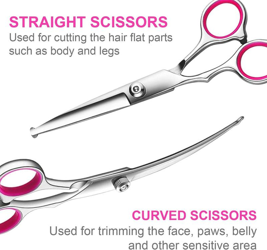 5-In-1 Professional Dog Grooming Scissors Kit – Pet Grooming Shears with Safety round Tips, Titanium-Coated Stainless Steel for Dogs & Cats