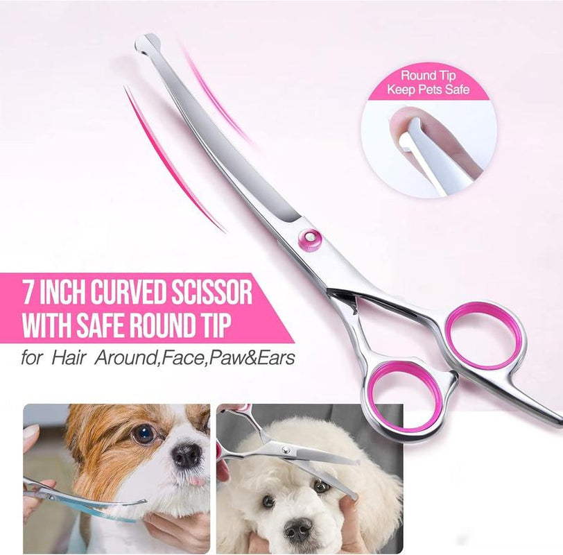 5-In-1 Professional Dog Grooming Scissors Kit – Pet Grooming Shears with Safety round Tips, Titanium-Coated Stainless Steel for Dogs & Cats