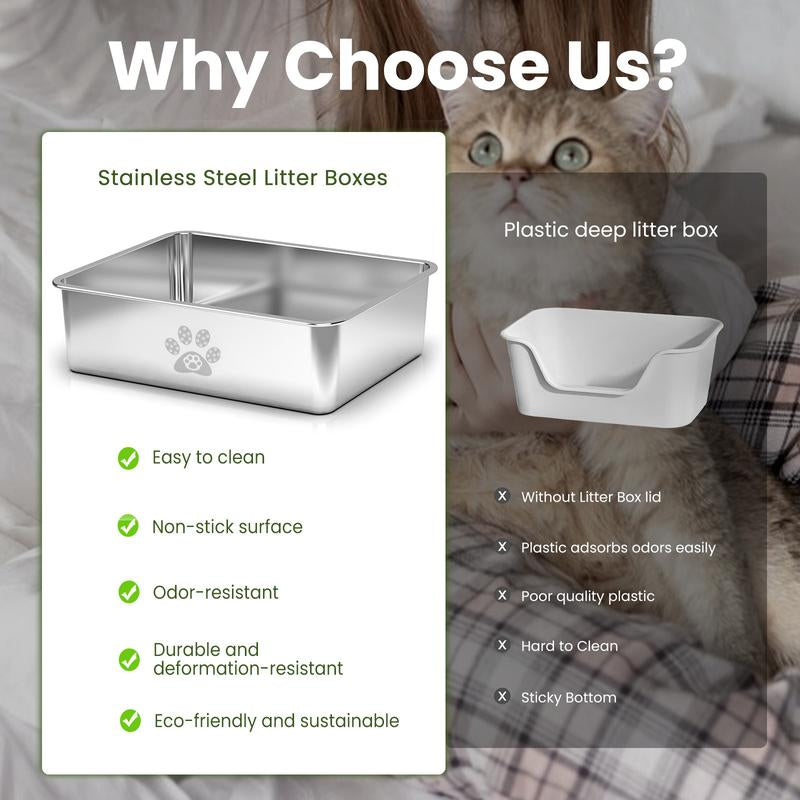 PTLOM Stainless Steel Cat Litter Box High Side, No Lid Large Space, Splash-Proof Non-Stick Cat Pet Supplies Paws Tiktokshopsummerturnup