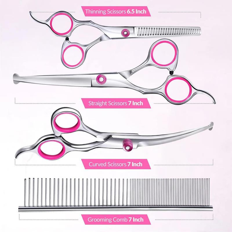 5-In-1 Professional Dog Grooming Scissors Kit – Pet Grooming Shears with Safety round Tips, Titanium-Coated Stainless Steel for Dogs & Cats