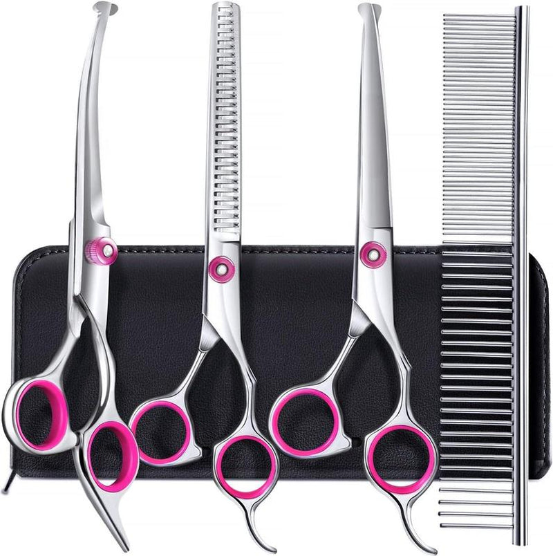 5-In-1 Professional Dog Grooming Scissors Kit – Pet Grooming Shears with Safety round Tips, Titanium-Coated Stainless Steel for Dogs & Cats
