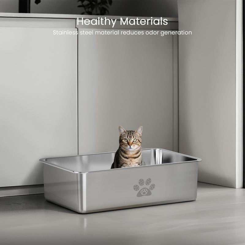 PTLOM Stainless Steel Cat Litter Box High Side, No Lid Large Space, Splash-Proof Non-Stick Cat Pet Supplies Paws Tiktokshopsummerturnup
