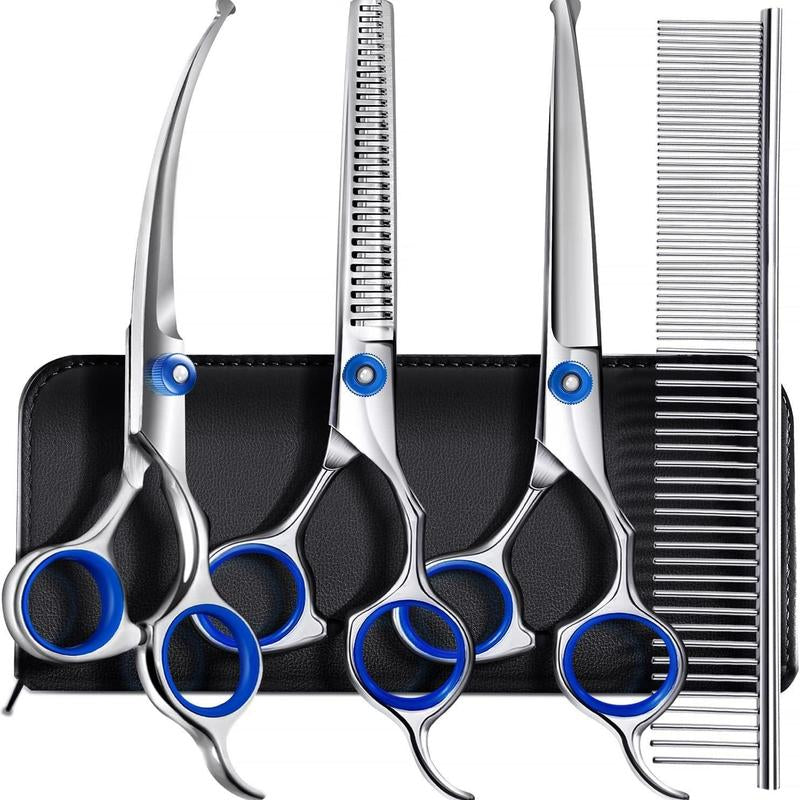 5-In-1 Professional Dog Grooming Scissors Kit – Pet Grooming Shears with Safety round Tips, Titanium-Coated Stainless Steel for Dogs & Cats