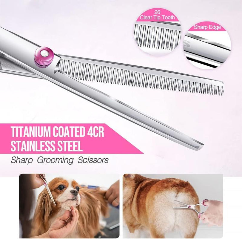 5-In-1 Professional Dog Grooming Scissors Kit – Pet Grooming Shears with Safety round Tips, Titanium-Coated Stainless Steel for Dogs & Cats
