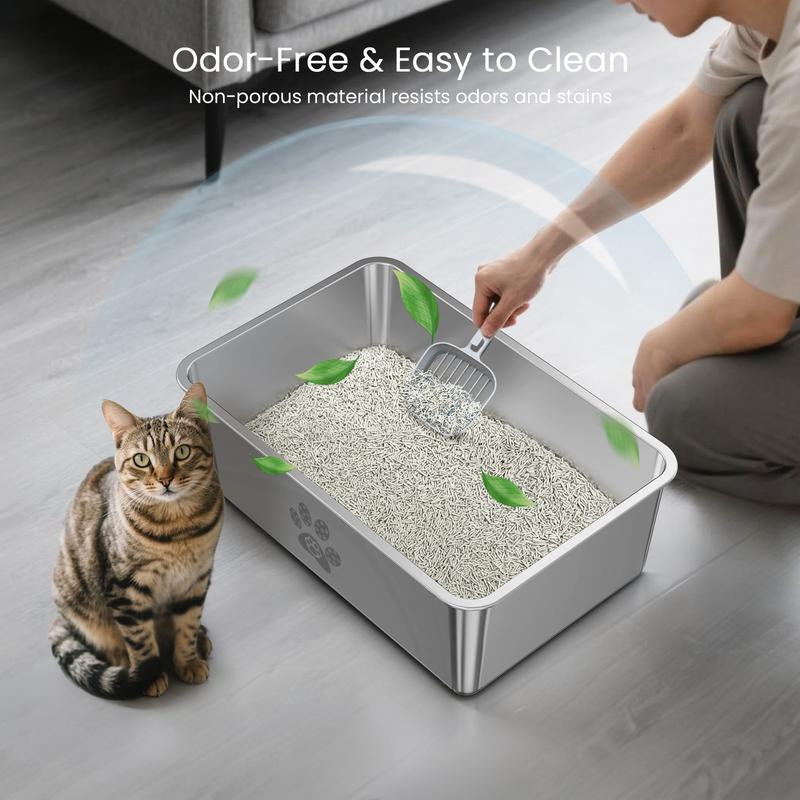 PTLOM Stainless Steel Cat Litter Box High Side, No Lid Large Space, Splash-Proof Non-Stick Cat Pet Supplies Paws Tiktokshopsummerturnup