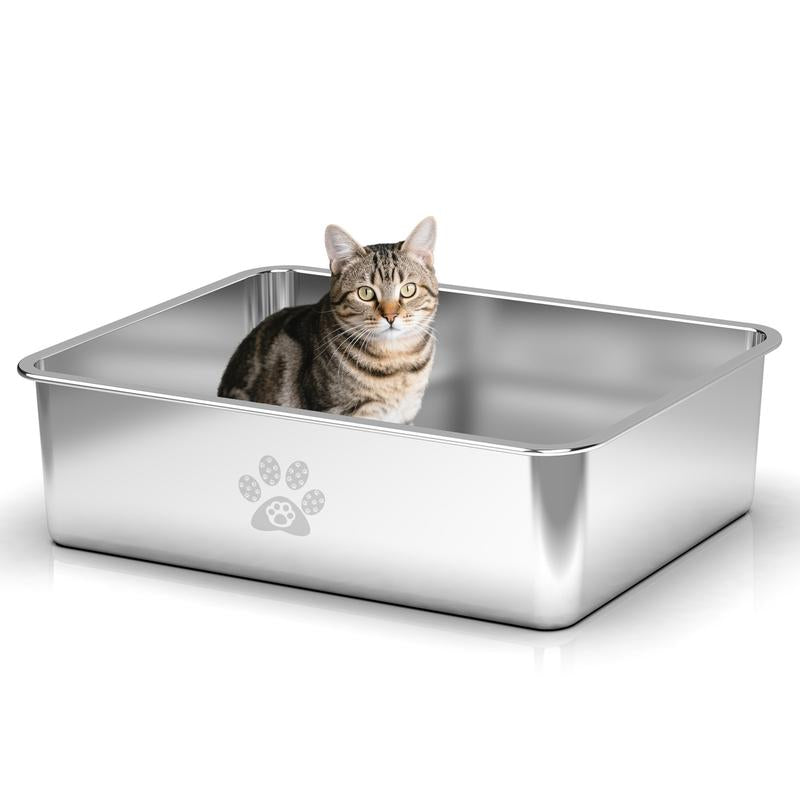 PTLOM Stainless Steel Cat Litter Box High Side, No Lid Large Space, Splash-Proof Non-Stick Cat Pet Supplies Paws Tiktokshopsummerturnup
