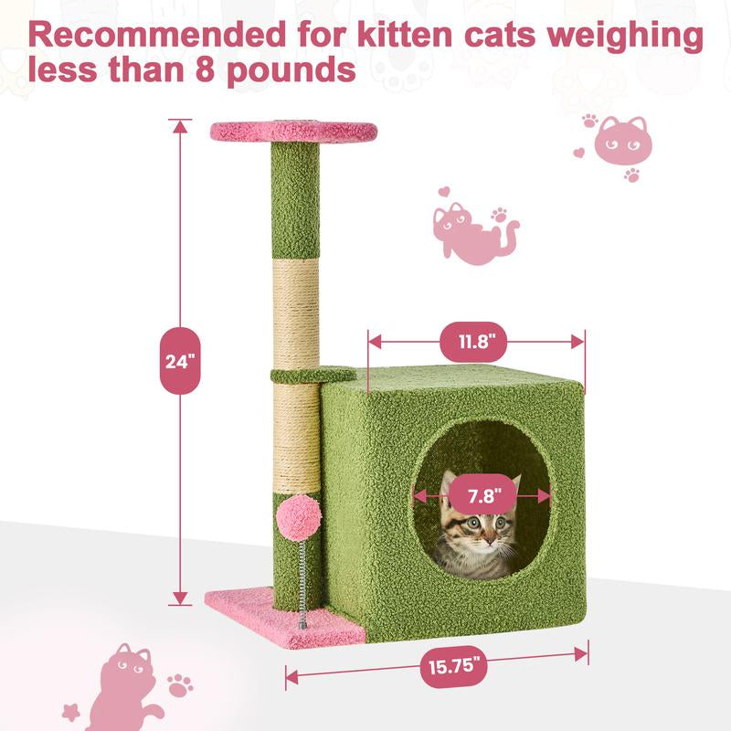 【Fall Deals for You】Wecharmer Cat Tree / Tower for Indoor with Green Leaves, Cat Condo Cozy Plush House with Hang Ball, Pet Furniture with Scratching Posts Cat Tree