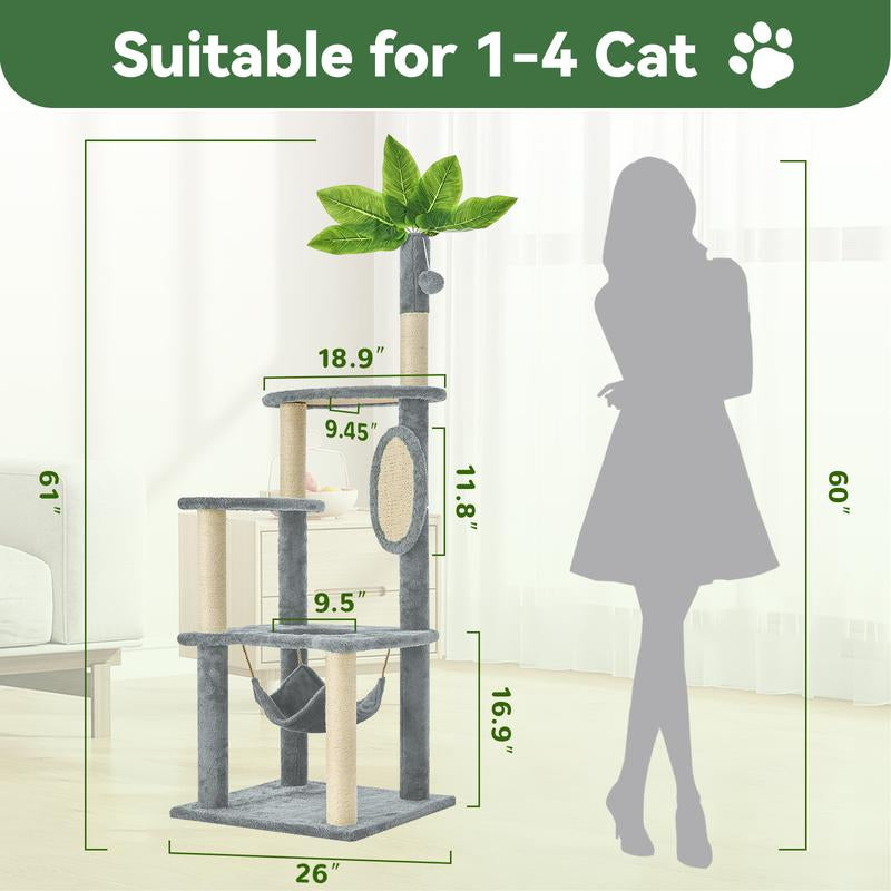 【Fall Deals for You】Wecharmer Cat Tree / Tower for Indoor with Green Leaves, Cat Condo Cozy Plush House with Hang Ball, Pet Furniture with Scratching Posts Cat Tree