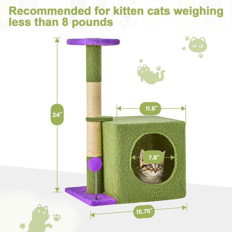 【Fall Deals for You】Wecharmer Cat Tree / Tower for Indoor with Green Leaves, Cat Condo Cozy Plush House with Hang Ball, Pet Furniture with Scratching Posts Cat Tree