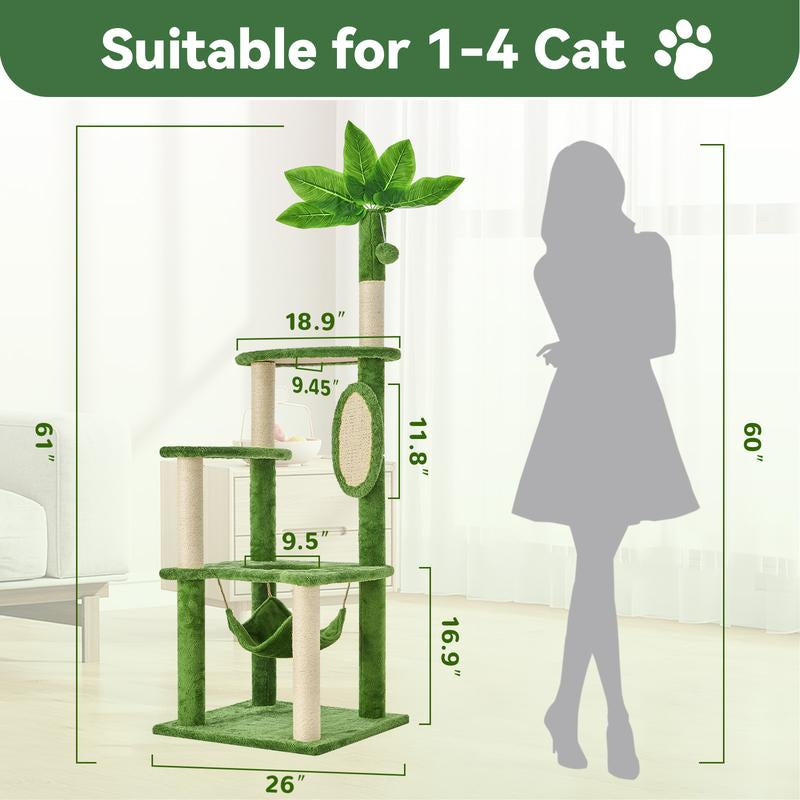 【Fall Deals for You】Wecharmer Cat Tree / Tower for Indoor with Green Leaves, Cat Condo Cozy Plush House with Hang Ball, Pet Furniture with Scratching Posts Cat Tree