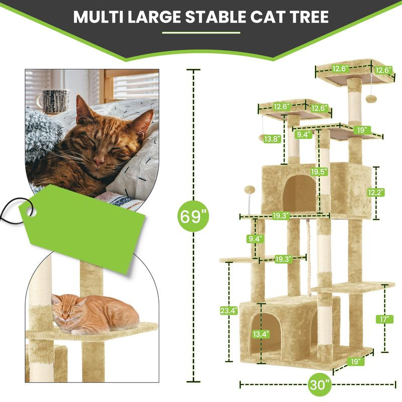 【Fall Deals for You】Wecharmer Cat Tree / Tower for Indoor with Green Leaves, Cat Condo Cozy Plush House with Hang Ball, Pet Furniture with Scratching Posts Cat Tree