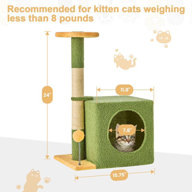 【Fall Deals for You】Wecharmer Cat Tree / Tower for Indoor with Green Leaves, Cat Condo Cozy Plush House with Hang Ball, Pet Furniture with Scratching Posts Cat Tree