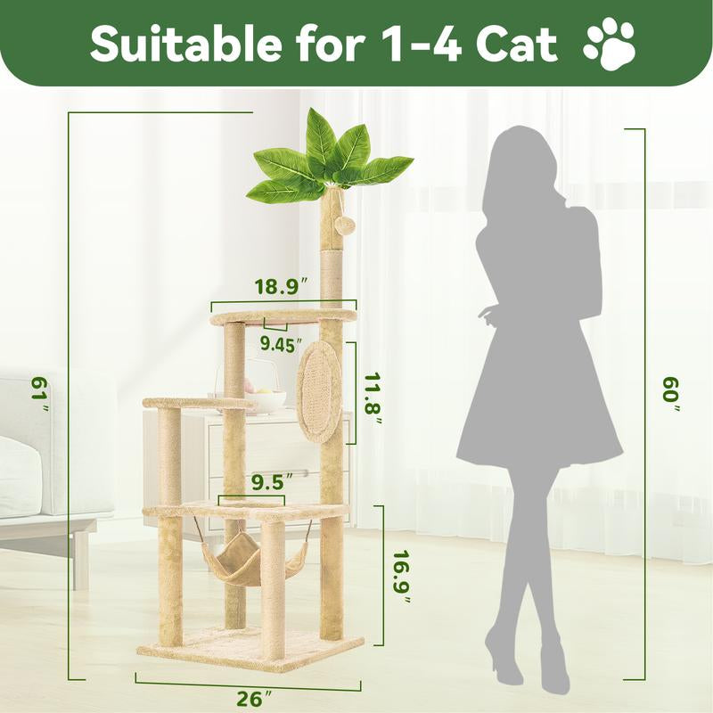 【Fall Deals for You】Wecharmer Cat Tree / Tower for Indoor with Green Leaves, Cat Condo Cozy Plush House with Hang Ball, Pet Furniture with Scratching Posts Cat Tree