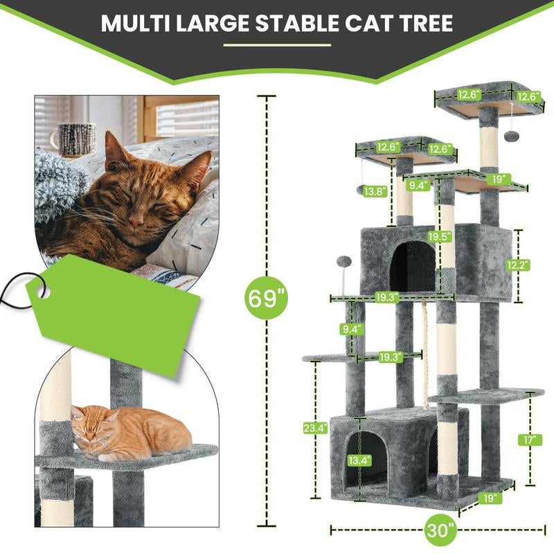 【Fall Deals for You】Wecharmer Cat Tree / Tower for Indoor with Green Leaves, Cat Condo Cozy Plush House with Hang Ball, Pet Furniture with Scratching Posts Cat Tree