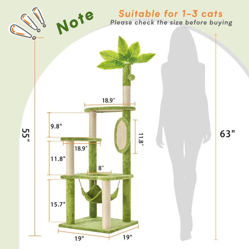 【Fall Deals for You】Wecharmer Cat Tree / Tower for Indoor with Green Leaves, Cat Condo Cozy Plush House with Hang Ball, Pet Furniture with Scratching Posts Cat Tree