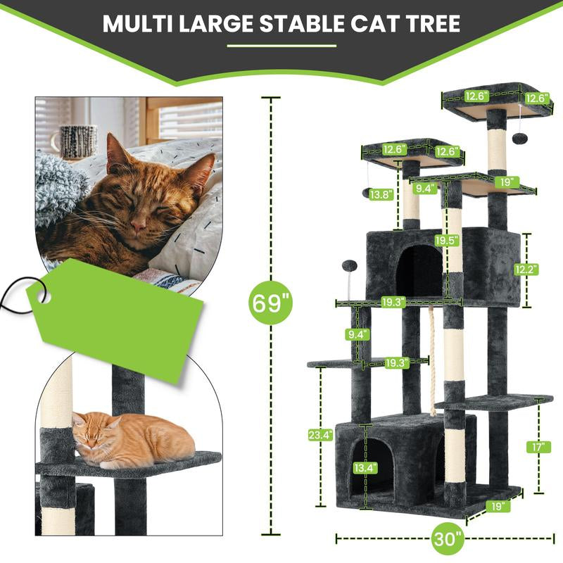 【Fall Deals for You】Wecharmer Cat Tree / Tower for Indoor with Green Leaves, Cat Condo Cozy Plush House with Hang Ball, Pet Furniture with Scratching Posts Cat Tree