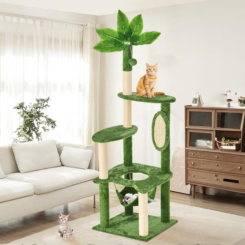 【Fall Deals for You】Wecharmer Cat Tree / Tower for Indoor with Green Leaves, Cat Condo Cozy Plush House with Hang Ball, Pet Furniture with Scratching Posts Cat Tree